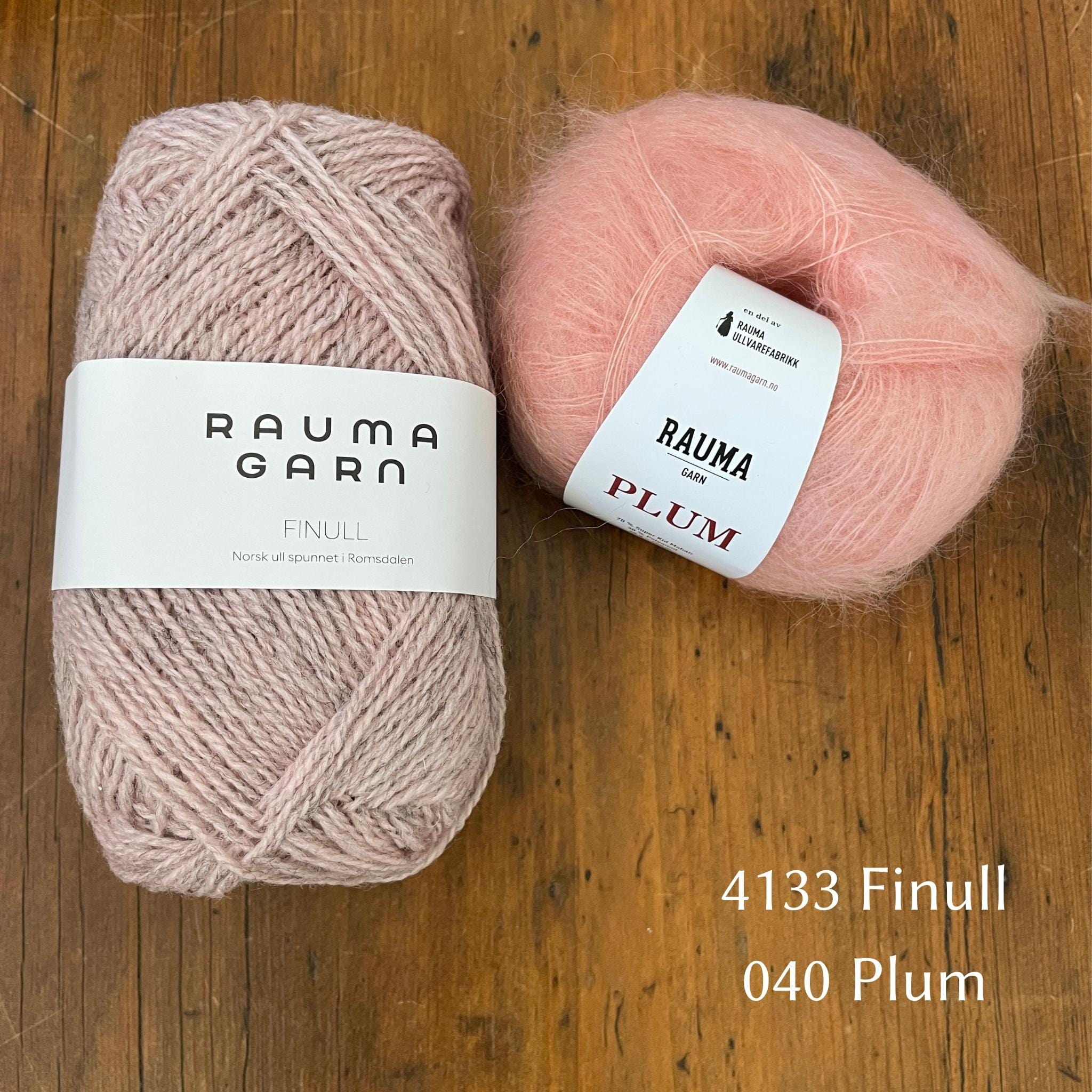 Ball of Rauma Finullgarn yarn in heathered light pink with coordinating Plum yarn 