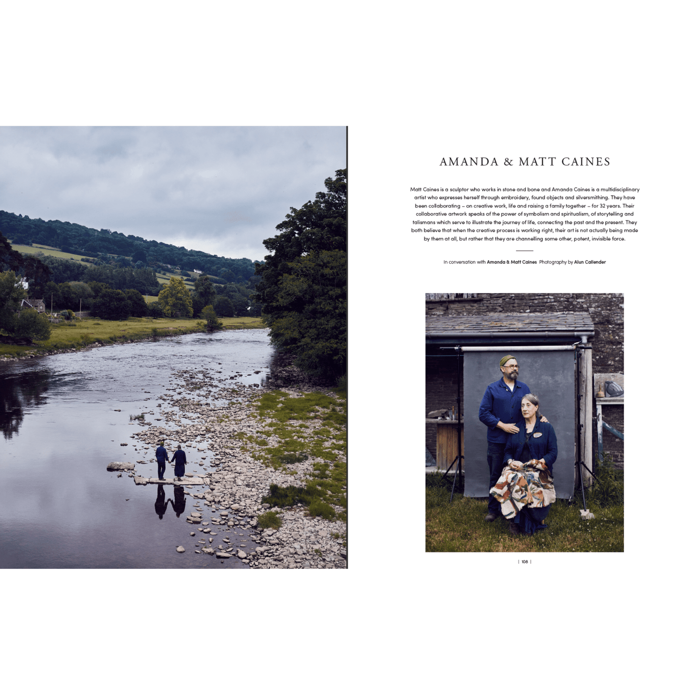 The Woolly Thistle Faire Magazine Issue 3, spread featuring Amanda and Matt Caines, river,  and mountains