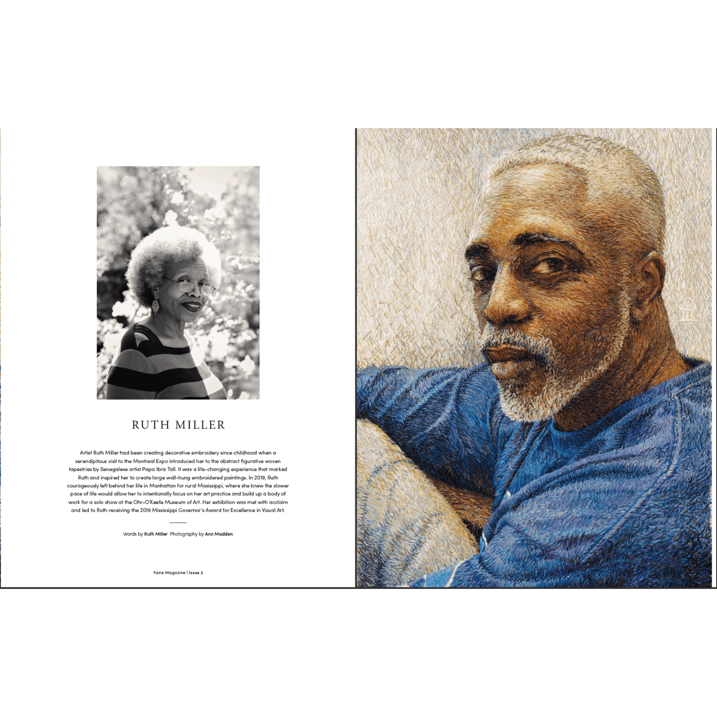 The Woolly Thistle Faire Magazine Issue 3, Ruth Miller spread featuring woven tapestry of man in blue shirt