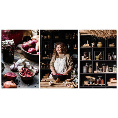 Faire Magazine photos spread of three photos of woman in kitchen working with fruit and shelves of containers.. 