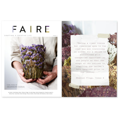 Cover of Faire Magazine issue 4 and note about the issue. 