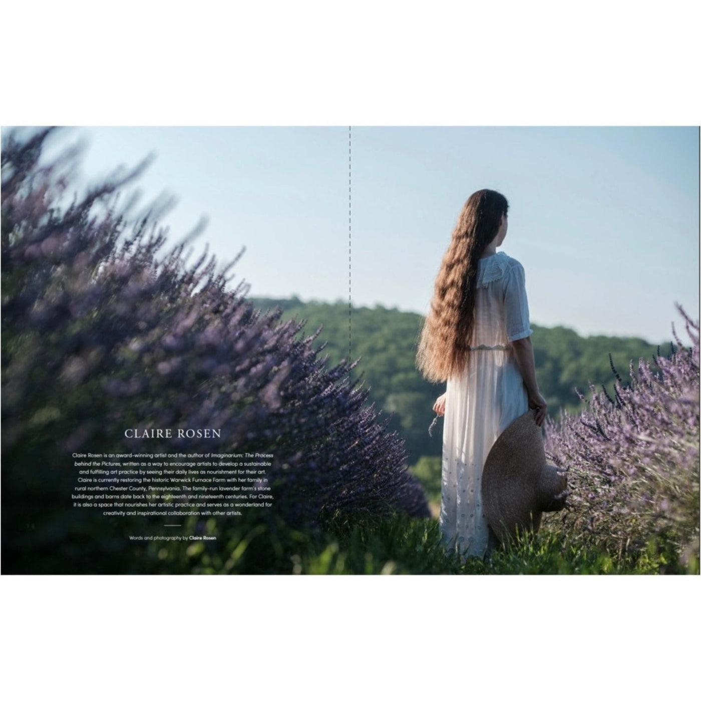 Spread in Faire Magazine Issue 6 showing Claire Rosen artist in flower field..