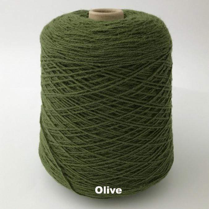 Cone of Frangipani 5-ply Guernsey Wool Yarn in colorway Olive.