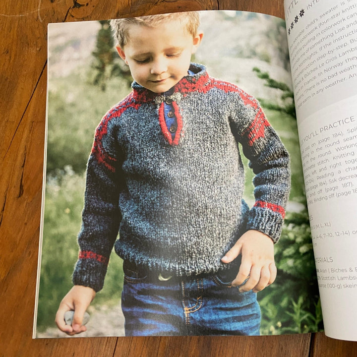 Page of Nordic Knitting Primer book with boy wearing grey sweater with red colorwork and clasp closure.