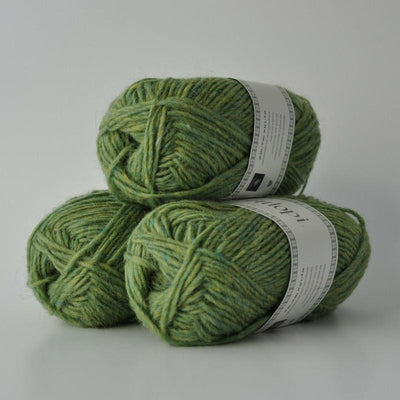 Ball of Lettlopi in colorway 1406 - spring green heather.