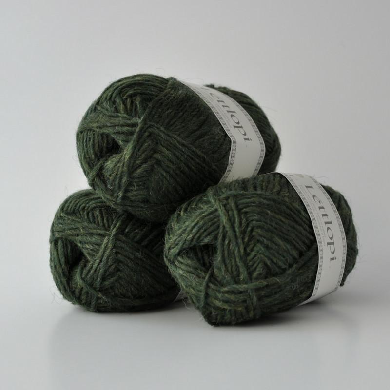 Ball of Lettlopi in colorway 1407 - pine green heather.