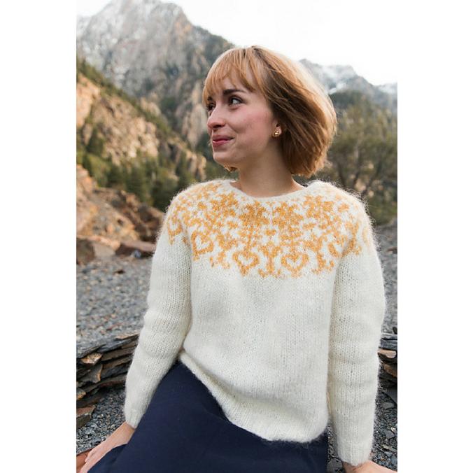  Larsdatter by Kristin Drysdale/Scandiwork sweater  in gold and white.