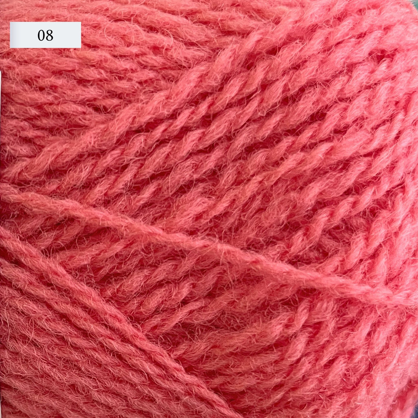 Jamieson & Smith 2ply Jumper Weight, light fingering weight yarn, in color 08, a hot salmon pink