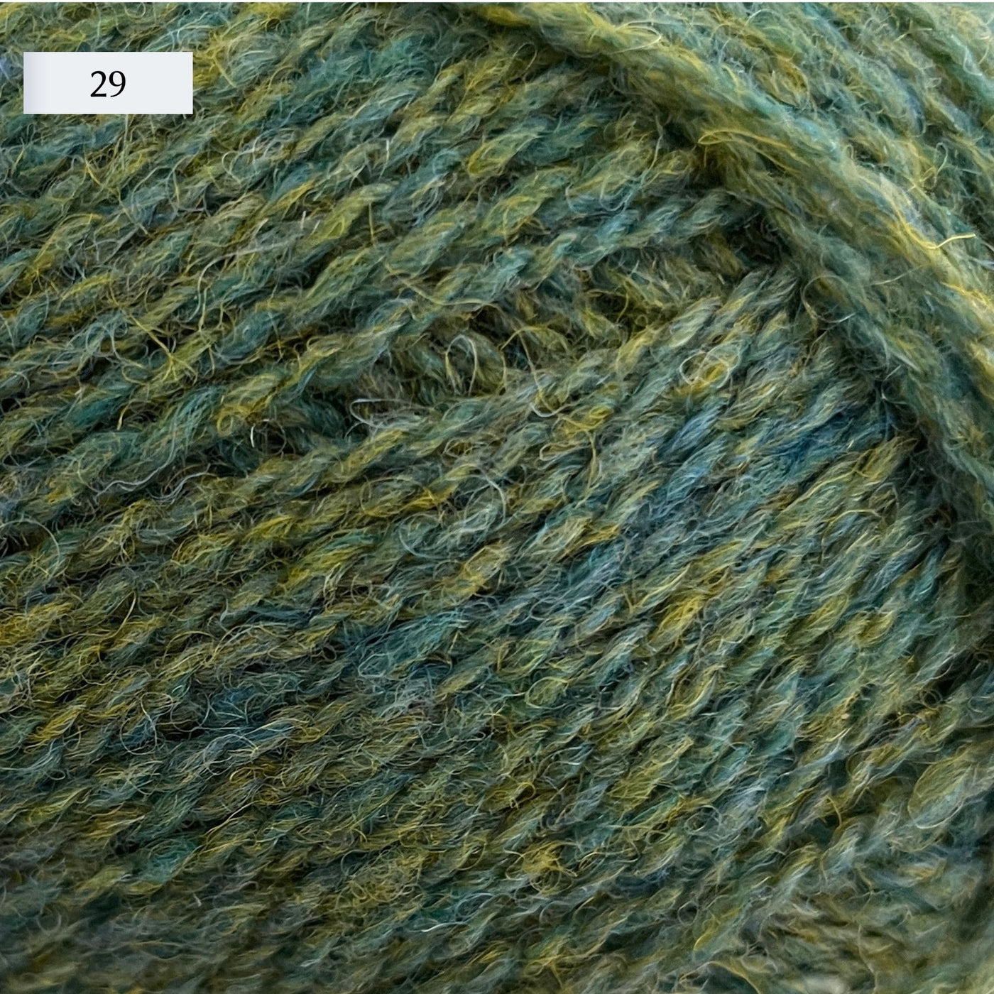 Jamieson & Smith 2ply Jumper Weight, light fingering weight yarn, in color 29, a heathered teal with yellow