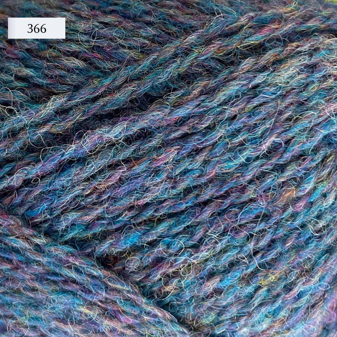 Jamieson & Smith 2ply Jumper Weight, light fingering weight yarn, in color 366, a heathered teal with purple and yellow