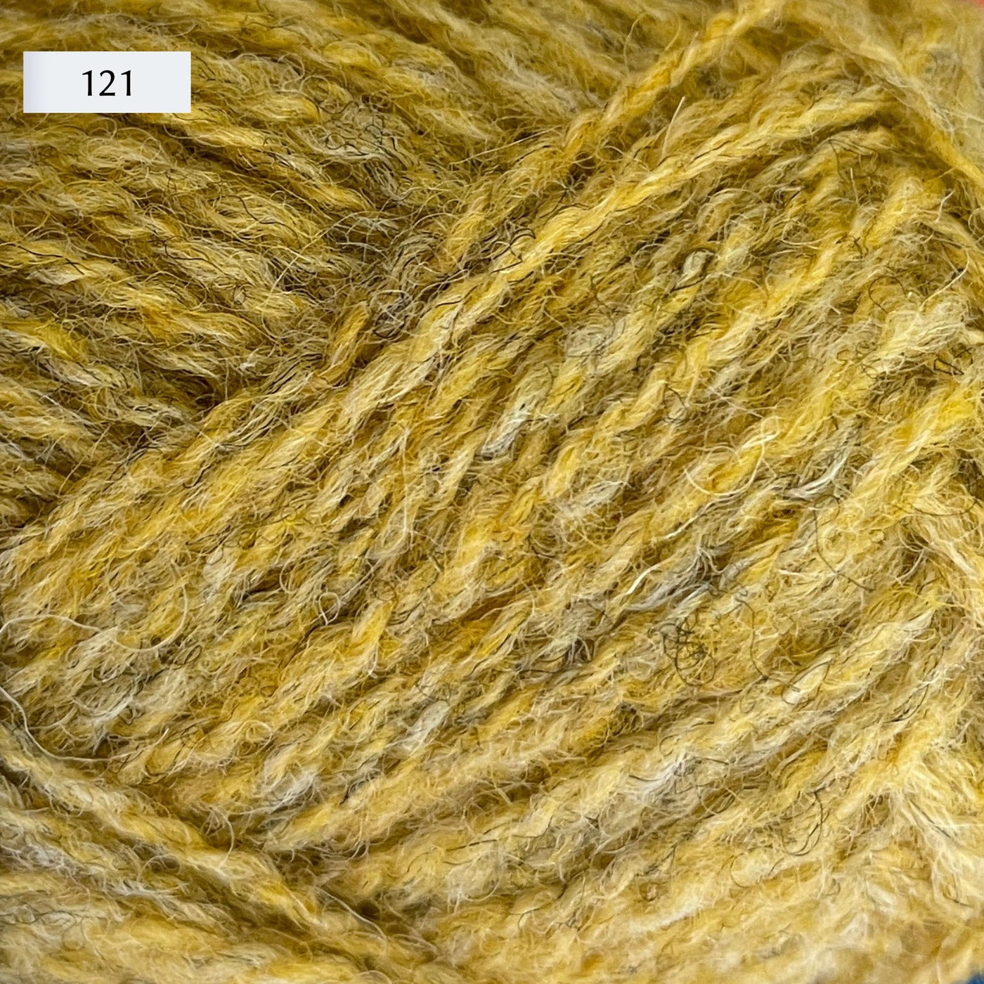 Jamieson & Smith 2ply Jumper Weight, light fingering weight yarn, in color 121, a heathered primary yellow