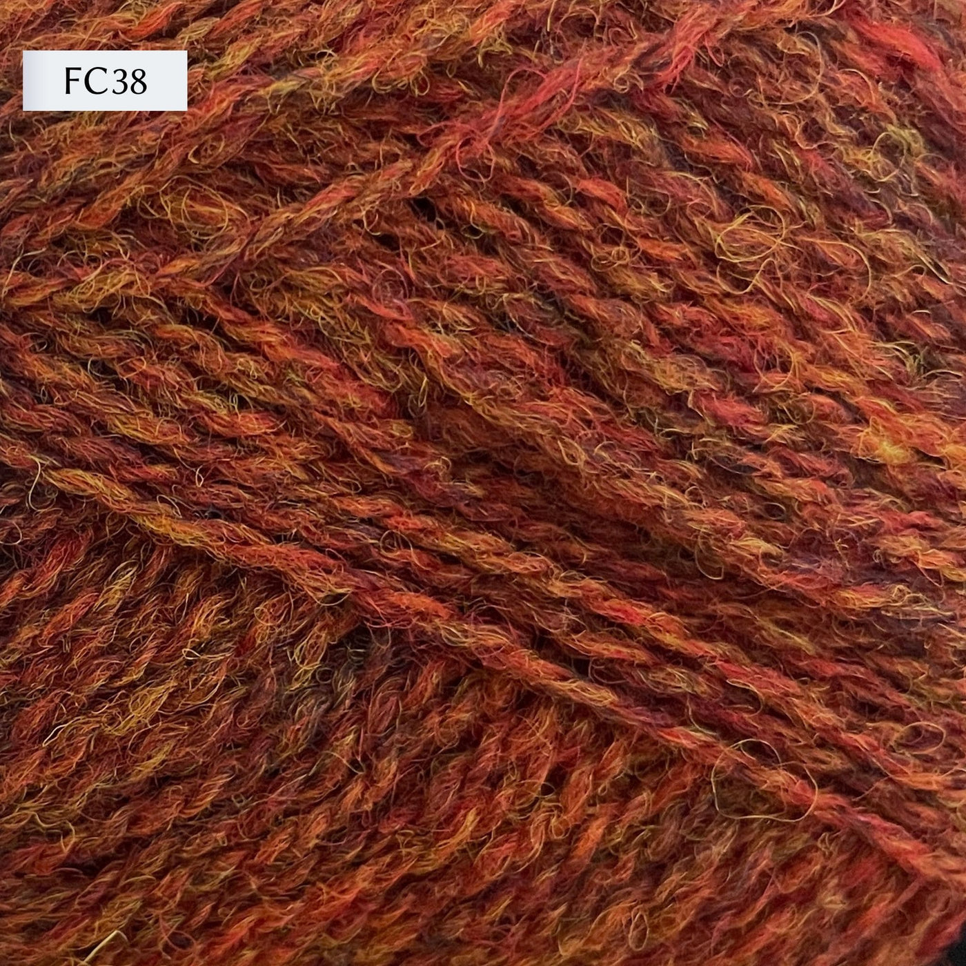 Jamieson & Smith 2ply Jumper Weight, light fingering weight yarn, in color FC38, a heathered sunset red-orange