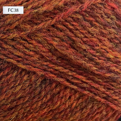 Jamieson & Smith 2ply Jumper Weight, light fingering weight yarn, in color FC38, a heathered sunset red-orange