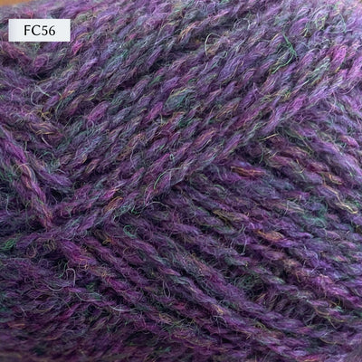 Jamieson & Smith 2ply Jumper Weight, light fingering weight yarn, in color FC56, heathered purple with green 