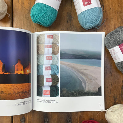 Wirsit Inspo Volume 1 from Jamieson & Smith. Inside pages of book are shown two photos with yarn colors paired lined up on left. Yarn is Jamieson & Smith 2ply Jumper Weight yarn.