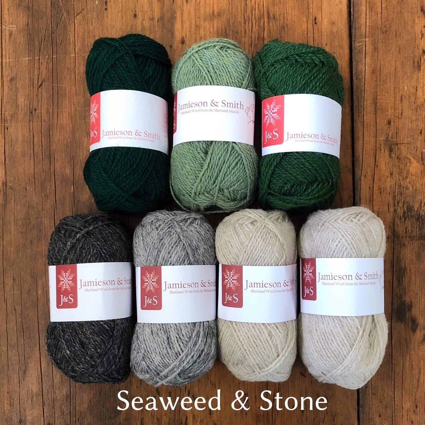 Jamieson and Smith yarn in shades of beige, gray and green.