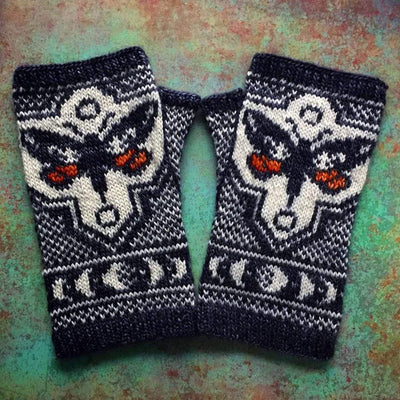 Underwing Mittens designed by Erica Heusser, featuring a moth motif.