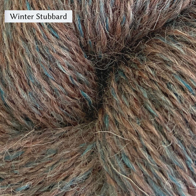 John Arbon Appledore DK, a DK weight British yarn, in color Winter Stubbard, a warm mid-tone brown with teal heathering