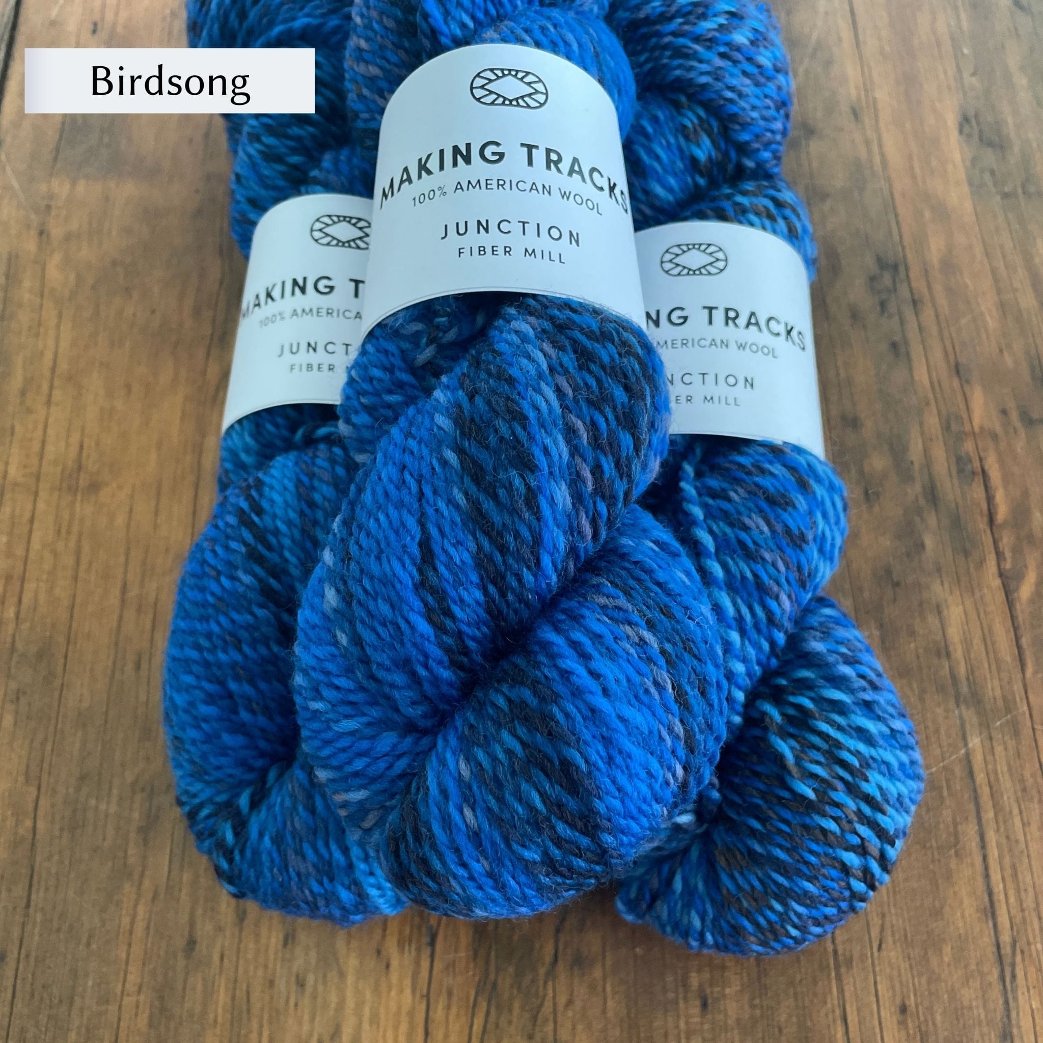Junction Fiber Mill Making Tracks yarn, a DK weight, barberpole yarn, in color Birdsong, a variegated blue