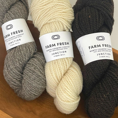 Three skeins of Junction Fiber Mill Farm Fresh, a DK weight yarn, in three natural colorways in a wooden bowl