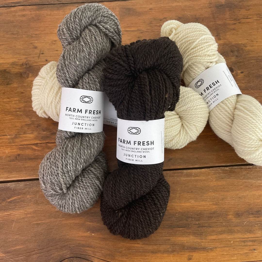 Four skeins of Junction Fiber Mill Farm Fresh, a DK weight yarn, in three natural colorways, on a wooden table