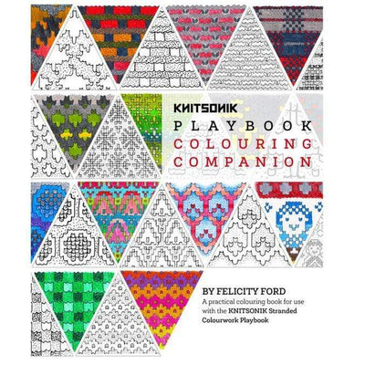 Cover design for Knitsonik Playbook Colouring Companion by Felicity Ford. Features alternating triangles of colorwork and black and white sketches of patterned work.