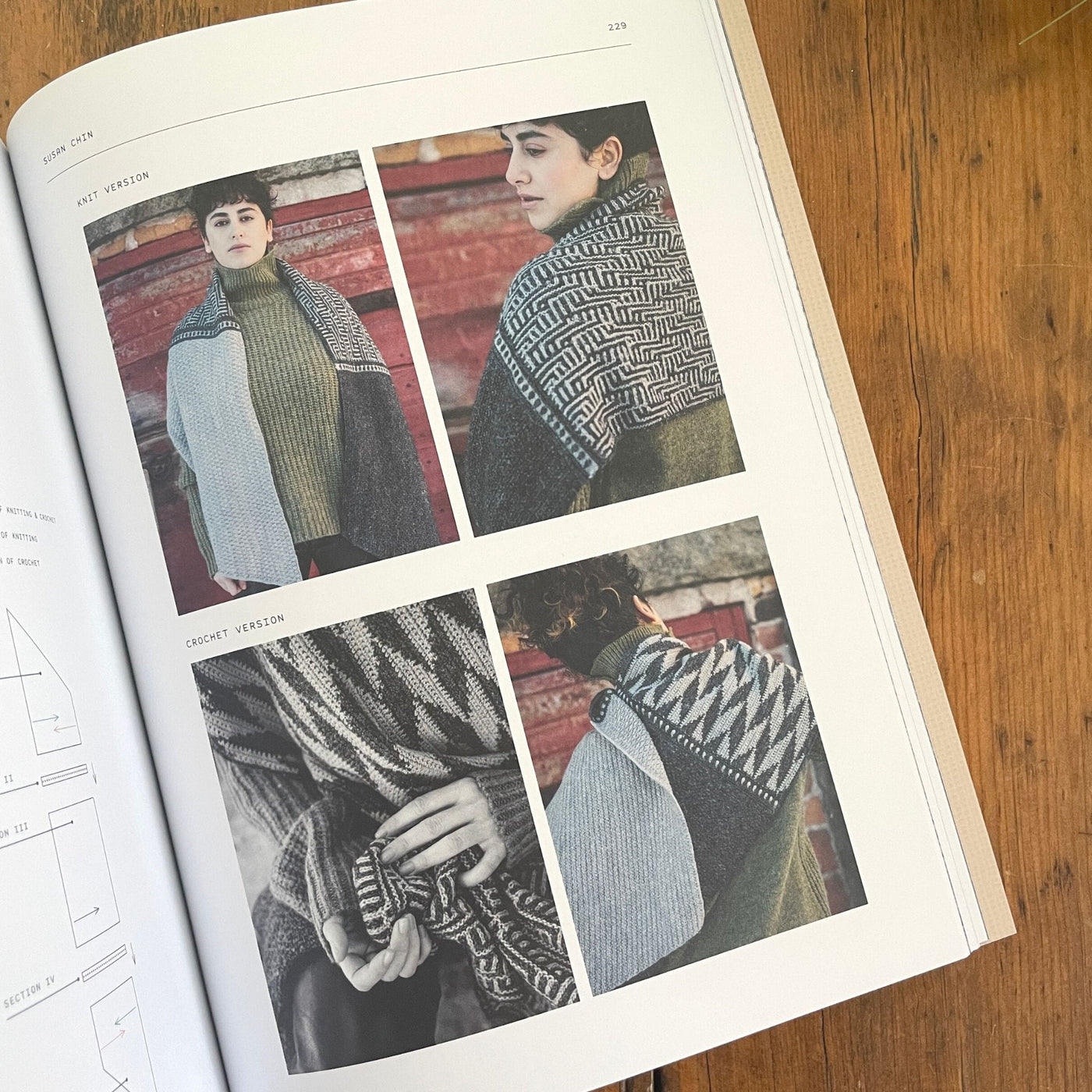 A photo of interior pages of 52 Weeks of Scarves, including four photos of a grey and black scarf