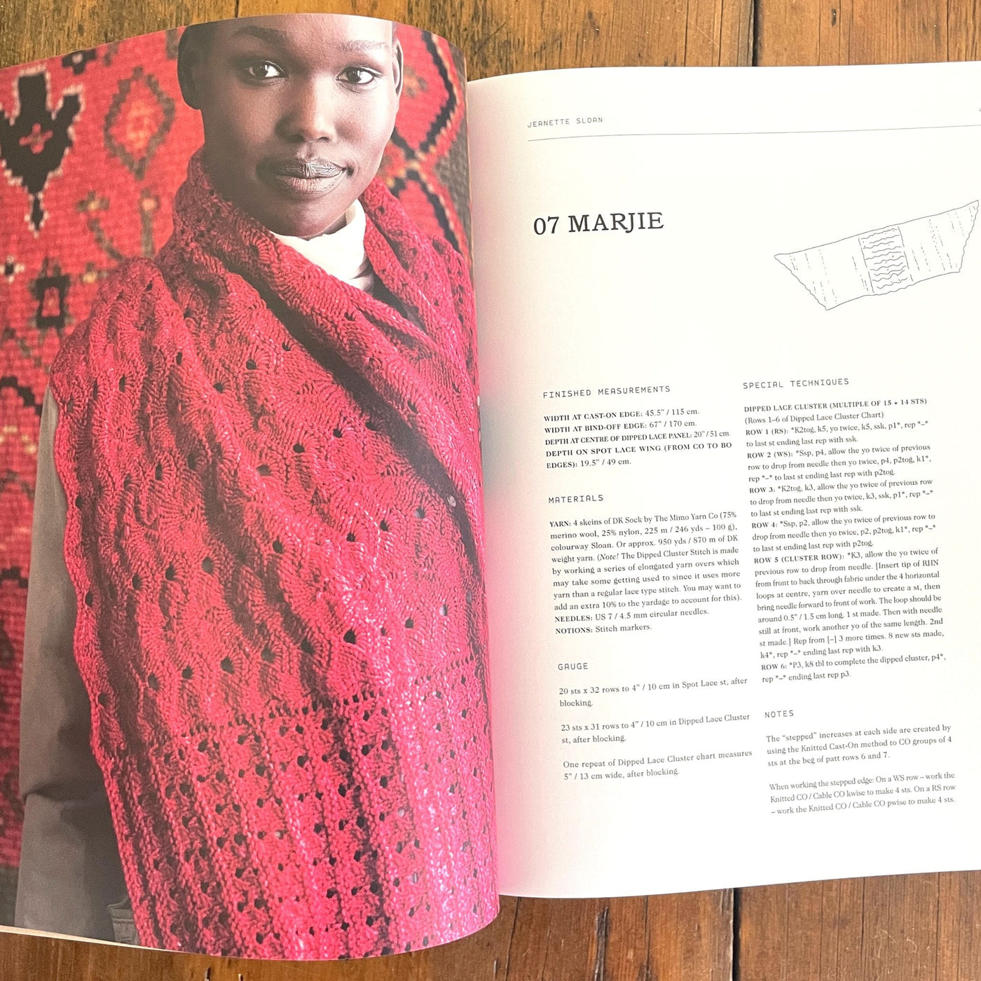 Pattern page of Marjie, a pattern for a red scarf shown in the photo opposite pattern details, from 52 Weeks of Scarves
