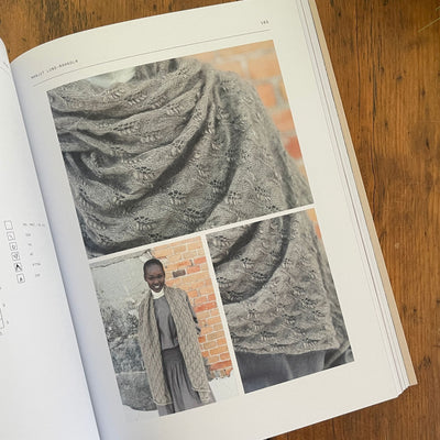Interior pages of 52 Weeks of Scarves with three photos of a grey scarf with a lace motif