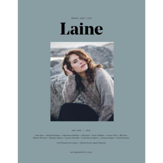 Cover of Laine Issue 9 featuring a model wearing a knit sweater.