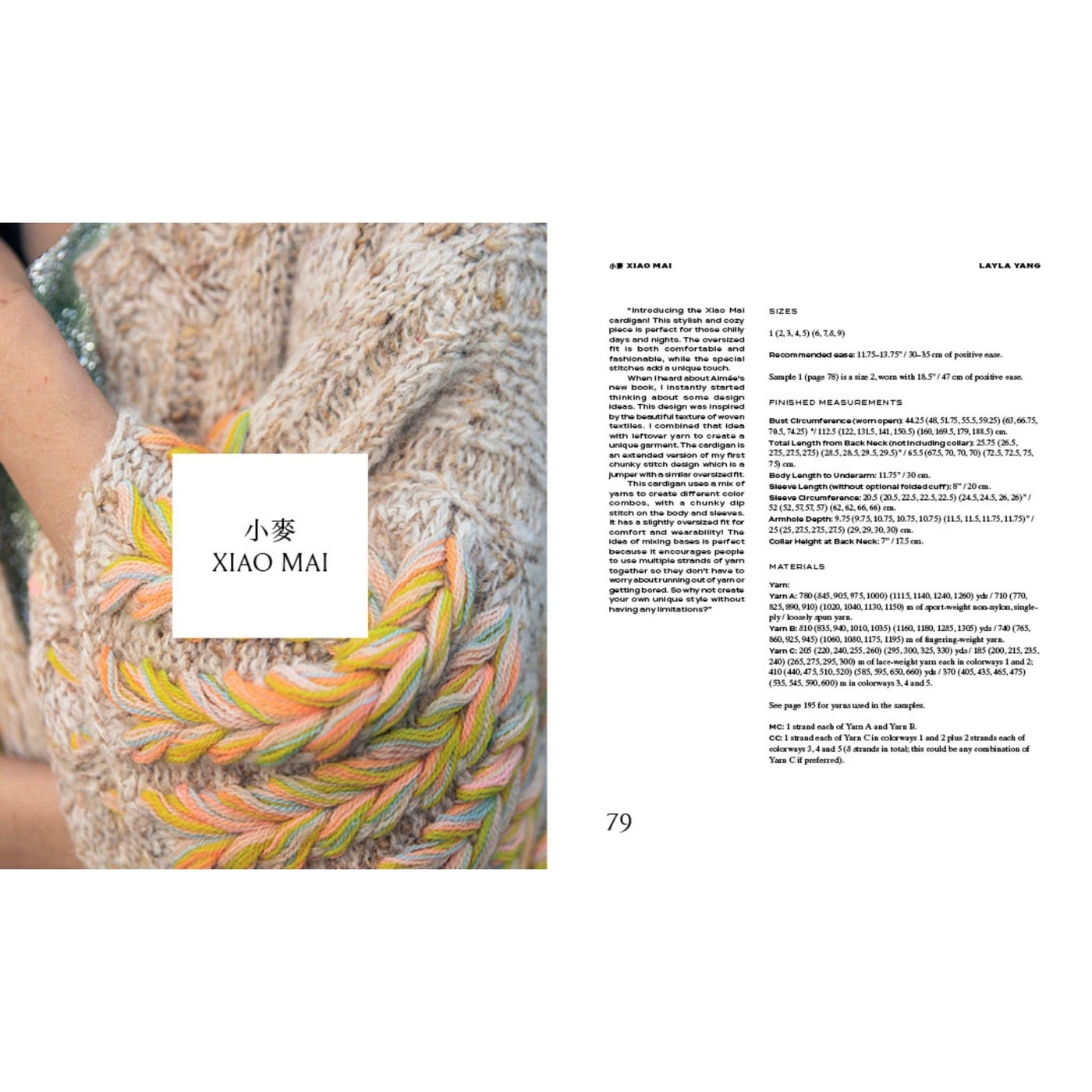 Spread from Neons & Neutrals: A Knitwear Collection Curated by Aimée Gille of La Bien Aimée. Book is published by Laine. Left page shows photo of embellished sweater sleeve and XIAO MAI caption and right page includes pattern information and specifics.