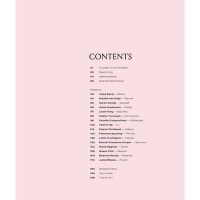 Contents of Neons & Neutrals: A Knitwear Collection Curated by Aimée Gille of La Bien Aimée. Background is light pink.