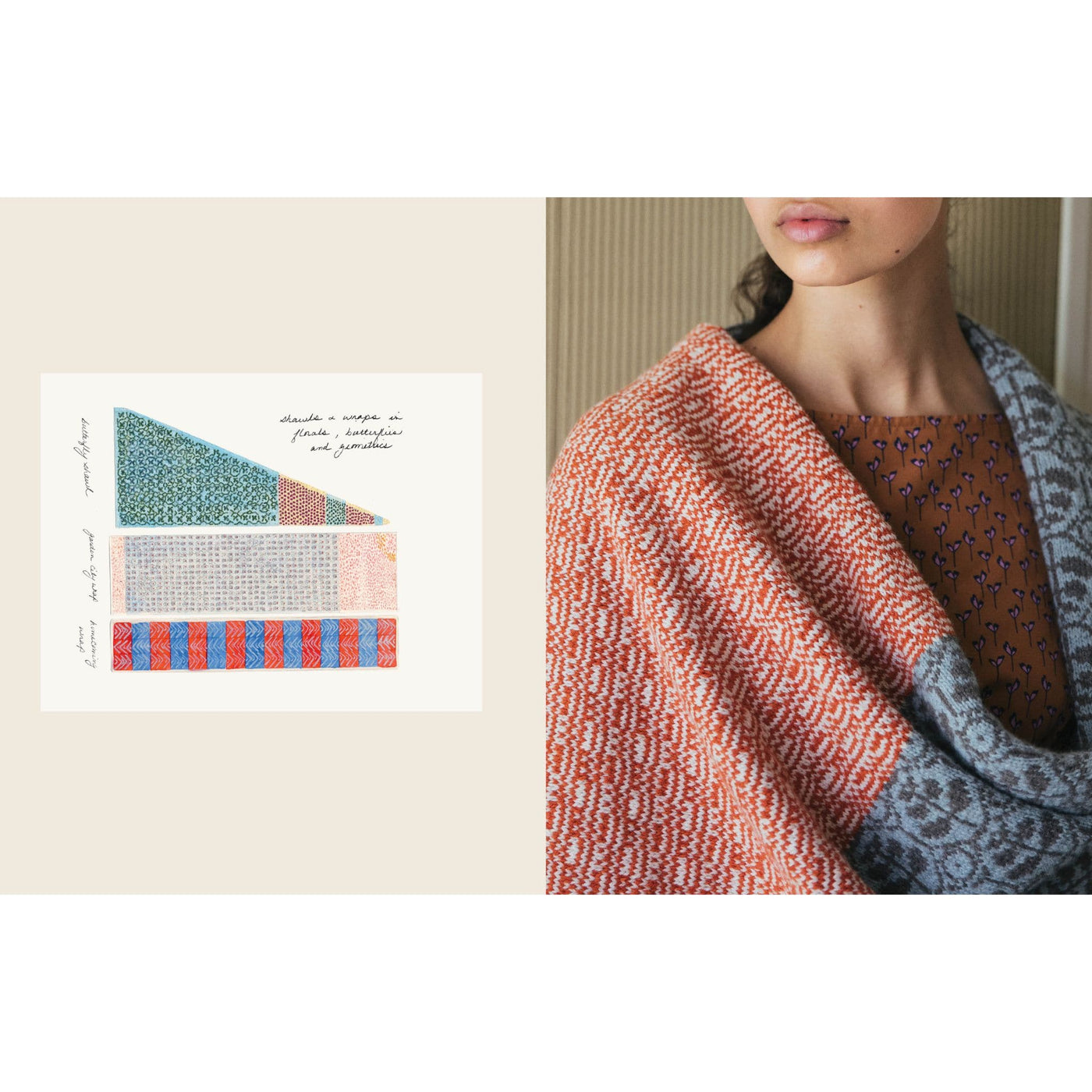 Page from The Knitted Fabric by Dee Hardwicke with a hand drawing and a finished shawl in multiple colors