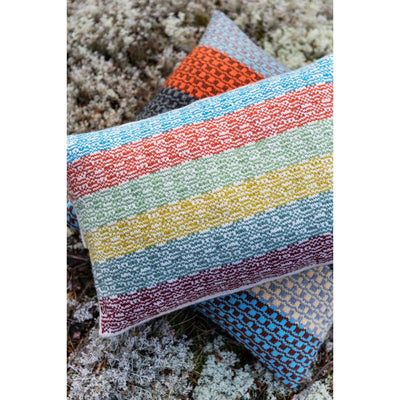 Page from The Knitted Fabric by Dee Hardwicke showing two pillows in multicolored patterns