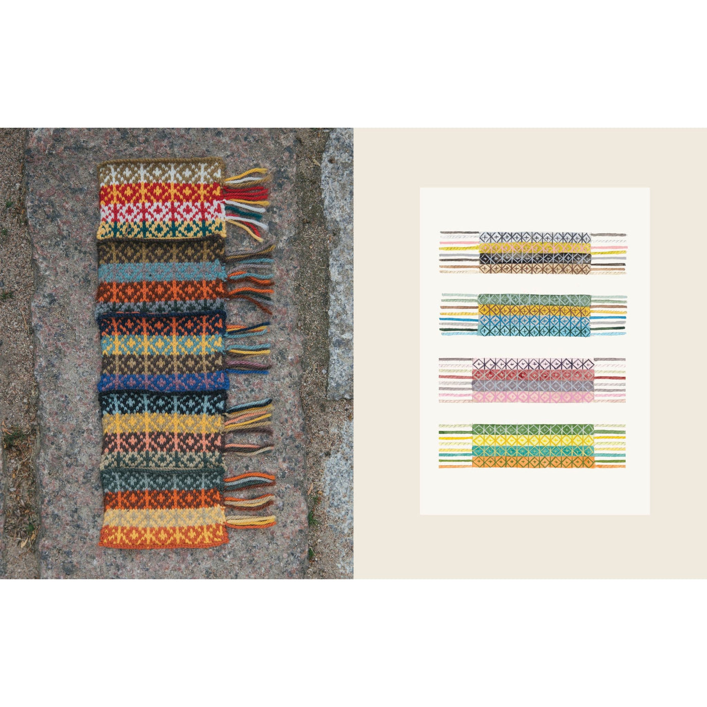 Page from The Knitted Fabric by Dee Hardwicke with a colorful series of swatched patterns