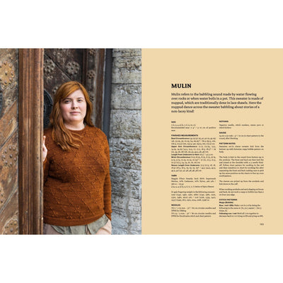 interior spread of the book Traditions Revisited Modern Estonian Knits by Aleks Byrd shows woman in rust colored sweater with information about "Mulin" which is the babbling sound made by water flowing.