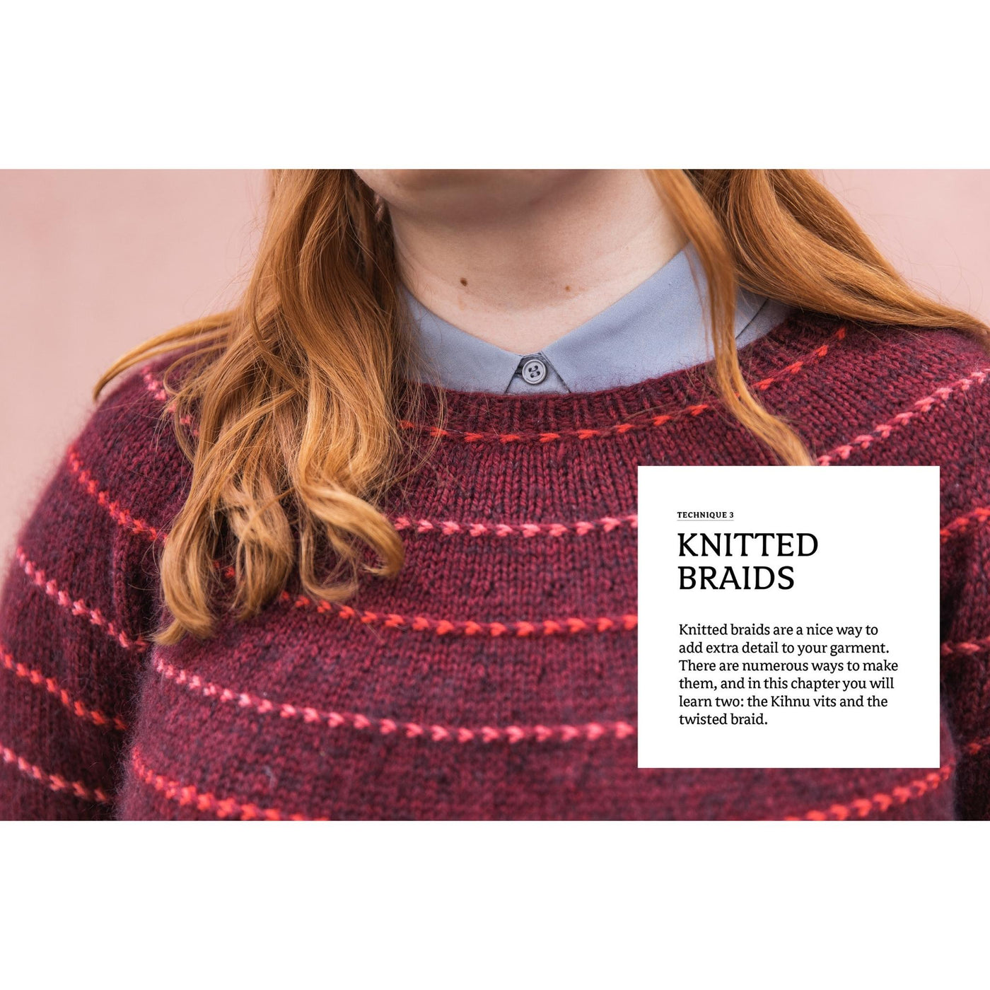 interior spread of the book Traditions Revisited Modern Estonian Knits by Aleks Byrd shows yoke portion of knit sweater in pink and burgundy with knitted braids.