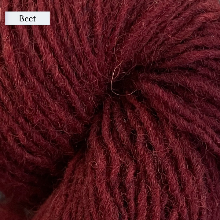 Lichen & Lace Rustic Heather Sport, a sport weight single-ply yarn, in Beet, a rich red