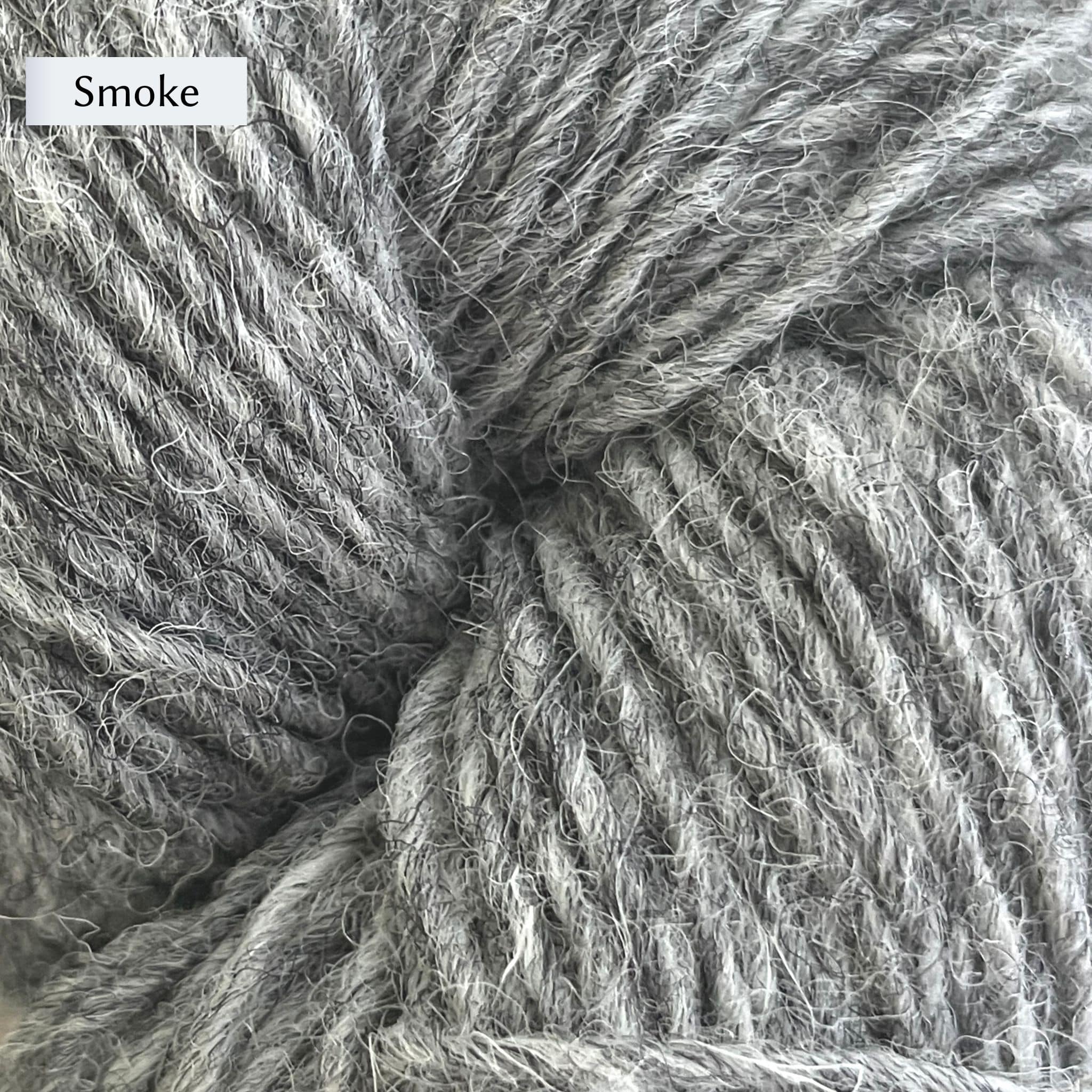 Lichen & Lace Rustic Heather Sport, a sport weight single-ply yarn, in color Smoke, a light heathered grey