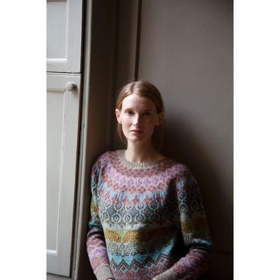 The Woolly Thistle Aisling Yarn Set in Marie Wallin's British Breeds from CHERISH woman wearing Aisling sweater