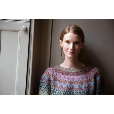 The Woolly Thistle Aisling Yarn Set in Marie Wallin's British Breeds from CHERISH woman wearing Aisling sweater