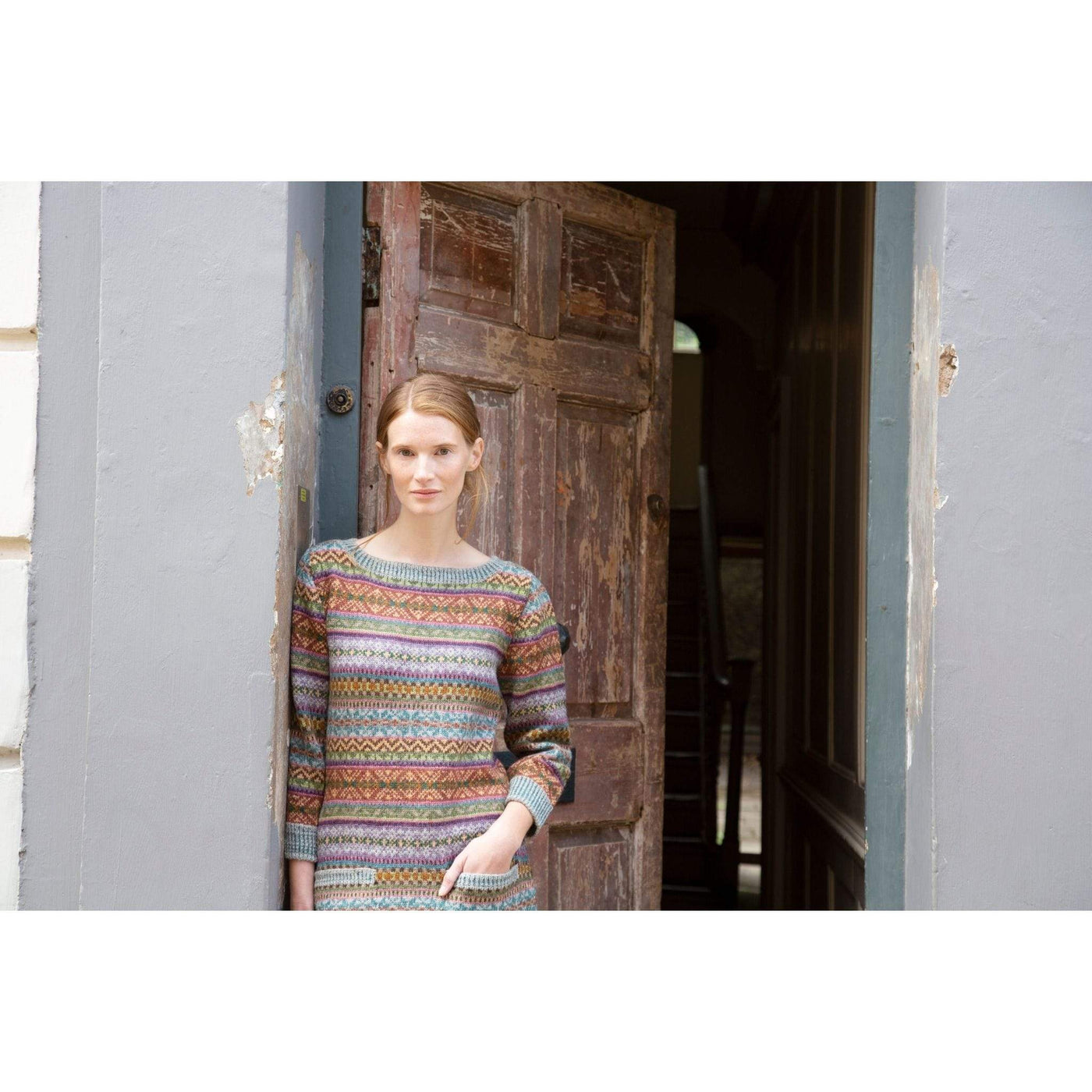 The Woolly Thistle Ciara Yarn Set in Marie Wallin's British Breeds from CHERISH featuring woman wearing Ciara sweater dress