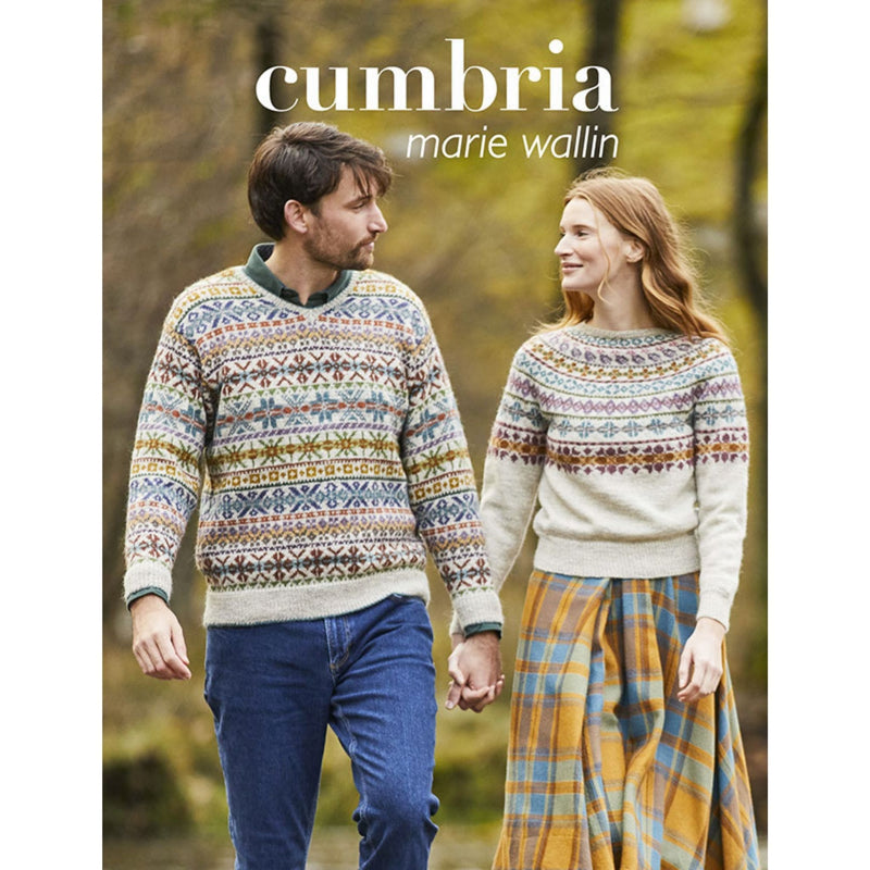 Cover of Cumbria Book by Mare Wallin; cover shows male and female wearing colorwork sweaters with raw color as main color