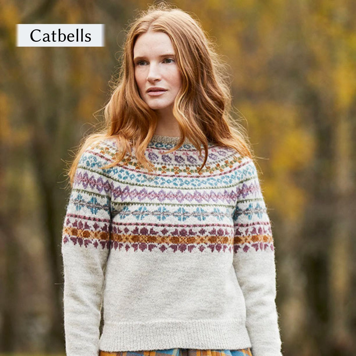 Model wearing Catbells sweater from Cumbria Book by Mare Wallin color