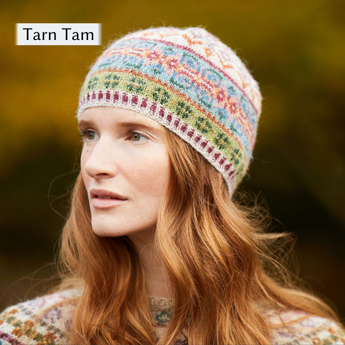 Model wearing Tarn Tam hat, a design from Cumbria Book by Mare Wallin color