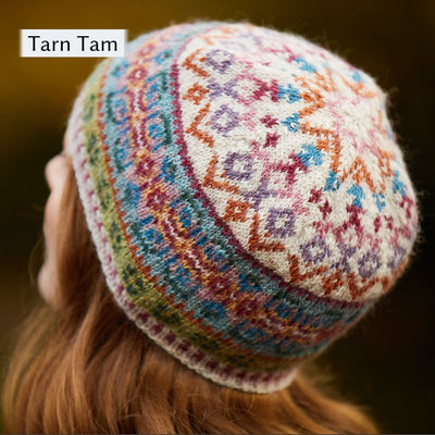 Model wearing Tarn Tam hat, a design from Cumbria Book by Mare Wallin color