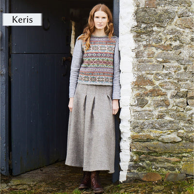 Model wearing Keris, a sleeveless colorwork design from Cumbria Book by Mare Wallin color