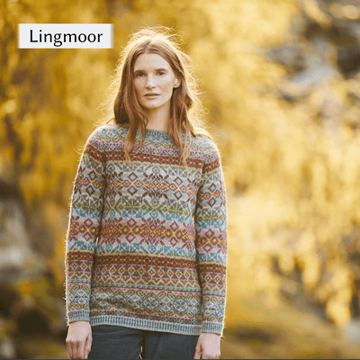 Model wearing Lingmoor, an all over colorwork sweater design from Cumbria Book by Mare Wallin color