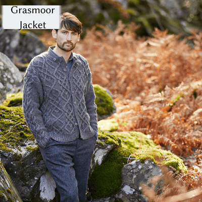 Male Model wearing Grasmoor Jacket, a textured cardigan from Cumbria Book by Mare Wallin color