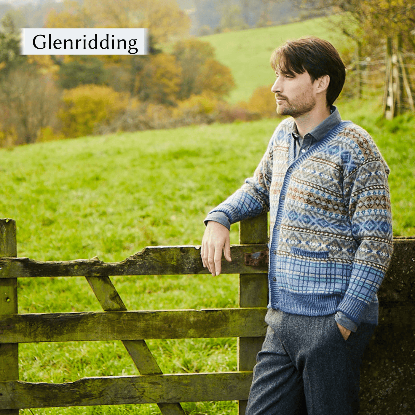 Male Model wearing Glenridding, an allover colorwork cardigan from Cumbria Book by Mare Wallin color